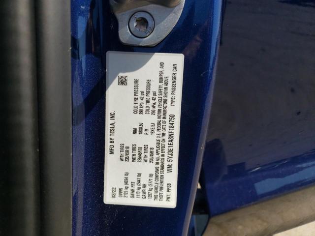 Photo 10 from auction – 2022 TESLA MODEL 3 with VIN 5YJ3E1EA8NF184750