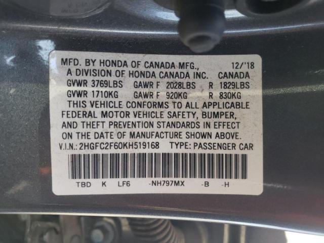 Photo 10 from auction – 2019 HONDA CIVIC LX with VIN 2HGFC2F60KH519168