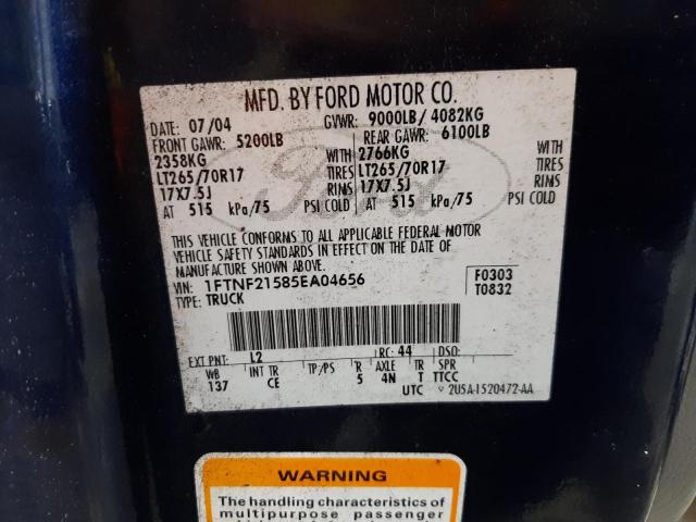 Photo 10 from auction – 2005 FORD F250 SUPER with VIN 1FTNF21585EA04656