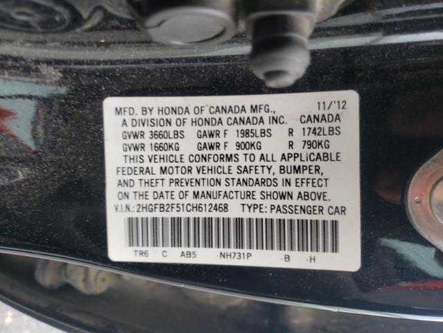 Photo 10 from auction – 2012 HONDA CIVIC LX with VIN 2HGFB2F51CH612468