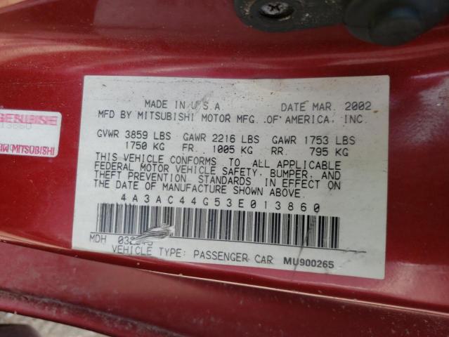 Photo 10 from auction – 2003 MITSUBISHI ECLIPSE GS with VIN 4A3AC44G53E013860