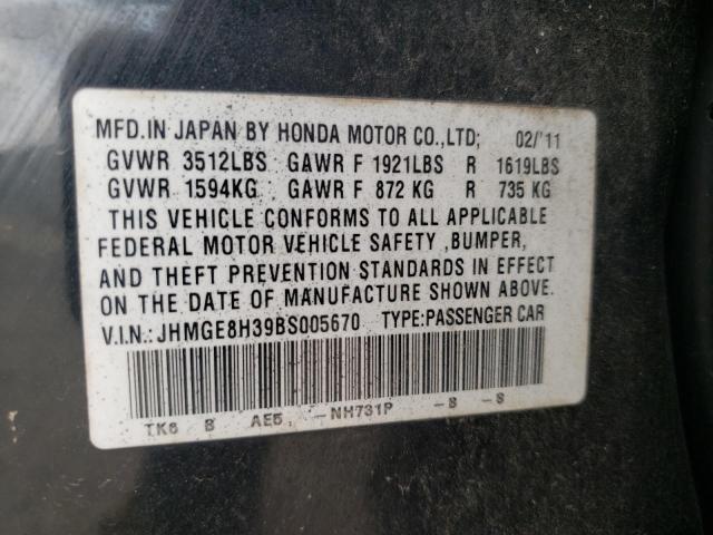 Photo 10 from auction – 2011 HONDA FIT with VIN JHMGE8H39BS005670