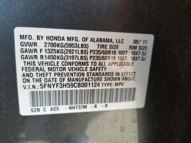 Foto 10 de la subasta – 2012 HONDA PILOT EXL con VIN 5FNYF3H59CB001124