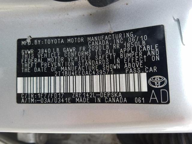 Photo 10 from auction – 2010 TOYOTA COROLLA BA with VIN 2T1BU4EE0AC439571