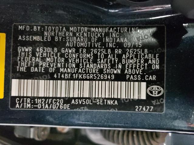 Photo 10 from auction – 2016 TOYOTA CAMRY LE with VIN 4T4BF1FK6GR526949