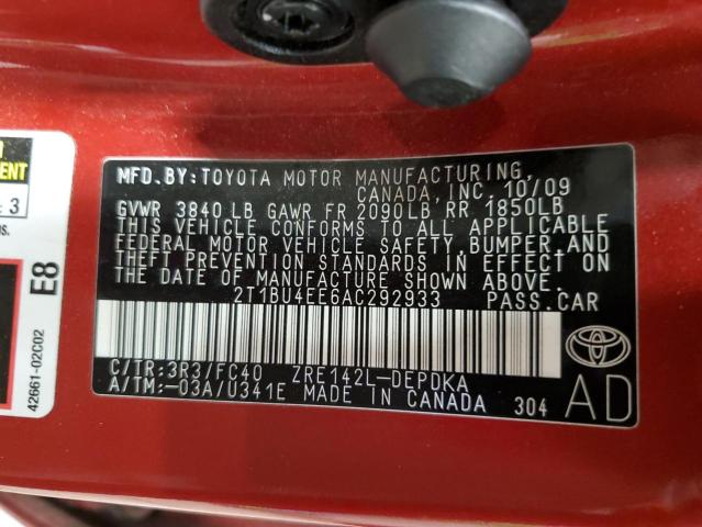 Photo 10 from auction – 2010 TOYOTA COROLLA BA with VIN 2T1BU4EE6AC292933