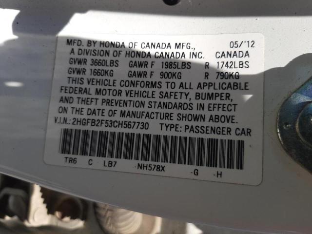 Photo 10 from auction – 2012 HONDA CIVIC LX with VIN 2HGFB2F53CH567730