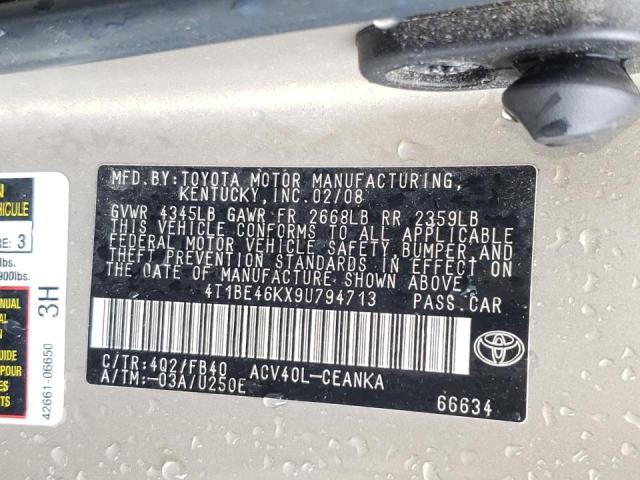 Photo 10 from auction – 2009 TOYOTA CAMRY BASE with VIN 4T1BE46KX9U794713