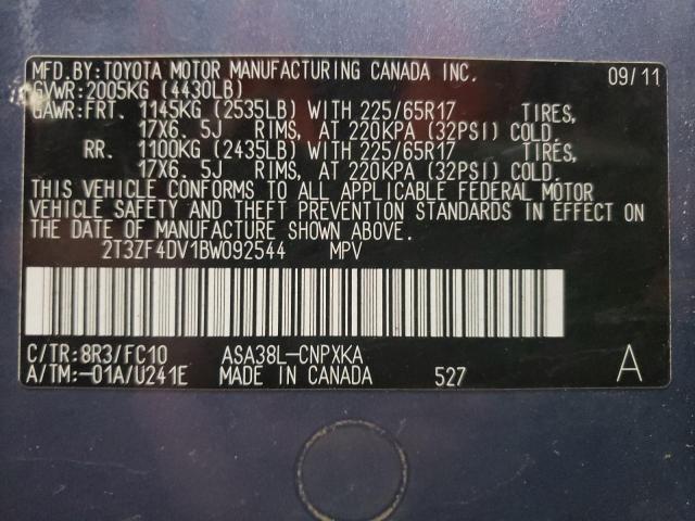 Photo 10 from auction – 2011 TOYOTA RAV4 with VIN 2T3ZF4DV1BW092544