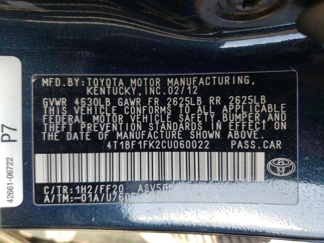 Photo 10 from auction – 2012 TOYOTA CAMRY BASE with VIN 4T1BF1FK2CU060022