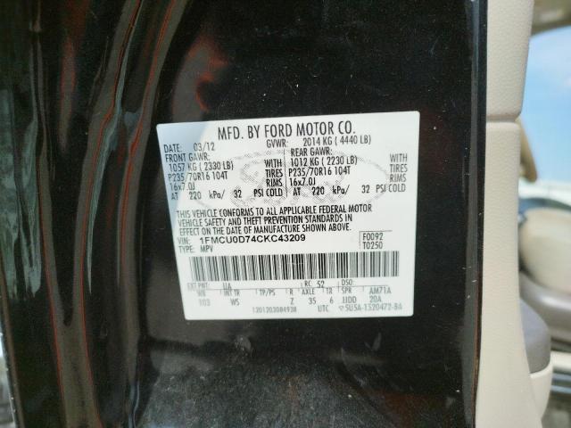 Photo 10 from auction – 2012 FORD ESCAPE XLT with VIN 1FMCU0D74CKC43209