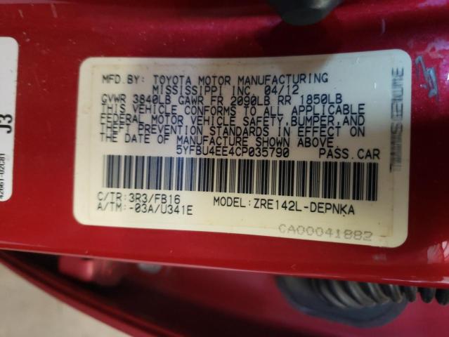 Photo 10 from auction – 2012 TOYOTA COROLLA with VIN 5YFBU4EE4CP035790