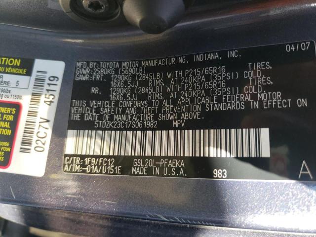 Photo 10 from auction – 2007 TOYOTA SIENNA CE with VIN 5TDZK23C17S061982