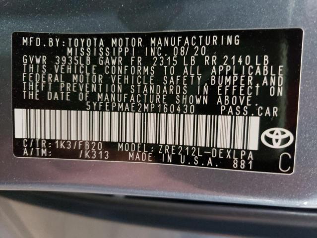 Photo 10 from auction – 2021 TOYOTA COROLLA LE with VIN 5YFEPMAE2MP160430