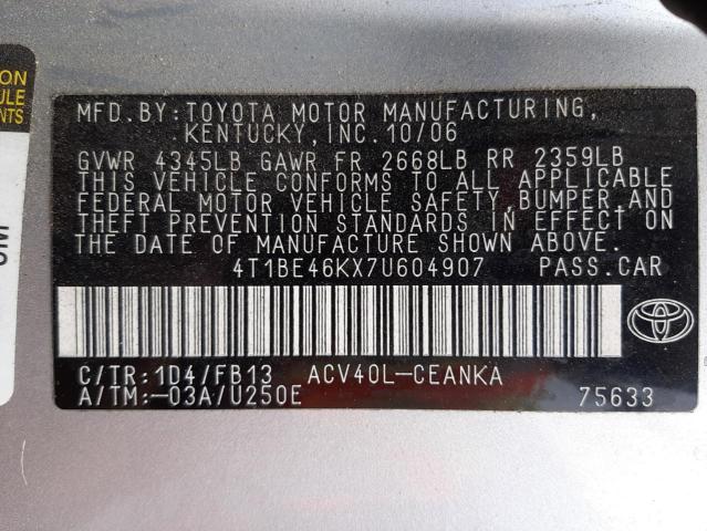 Photo 10 from auction – 2007 TOYOTA CAMRY CE with VIN 4T1BE46KX7U604907