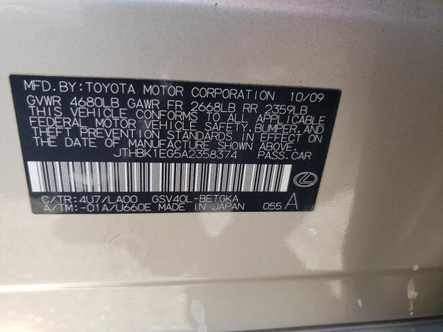 Photo 10 from auction – 2010 LEXUS ES 350 with VIN JTHBK1EG5A2358374