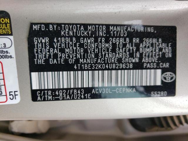 Photo 10 from auction – 2004 TOYOTA CAMRY LE with VIN 4T1BE32K04U829638