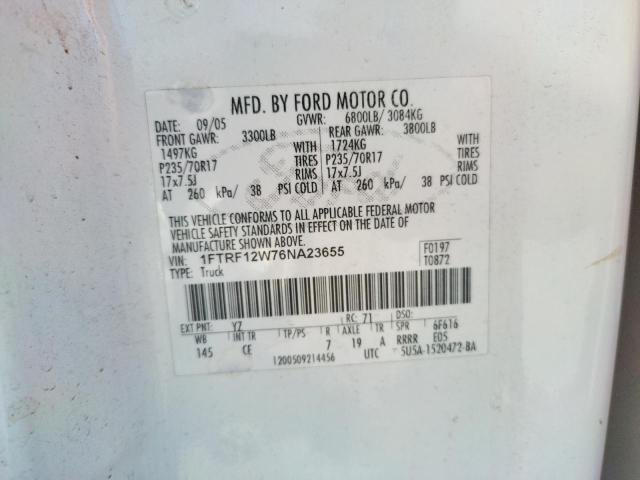 Photo 10 from auction – 2006 FORD F150 with VIN 1FTRF12W76NA23655