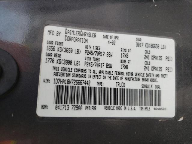 Photo 10 from auction – 2002 DODGE RAM 1500 with VIN 1D7HA18N72S667442