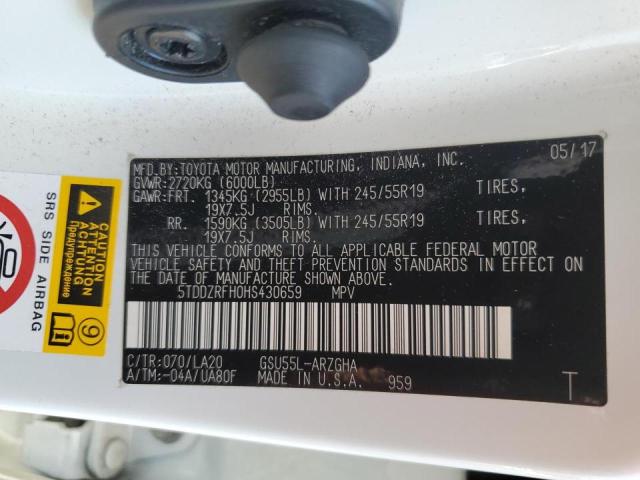 Photo 10 from auction – 2017 TOYOTA HIGHLANDER with VIN 5TDDZRFH0HS430659