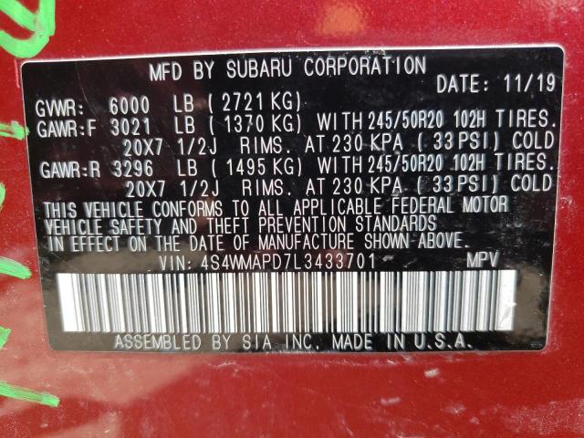 Photo 10 from auction – 2020 SUBARU ASCENT LIM with VIN 4S4WMAPD7L3433701