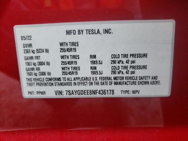 Photo 10 from auction – 2022 TESLA MODEL Y with VIN 7SAYGDEE8NF436178