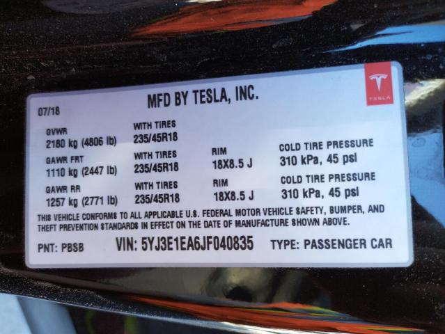 Photo 10 from auction – 2018 TESLA MODEL 3 with VIN 5YJ3E1EA6JF040835