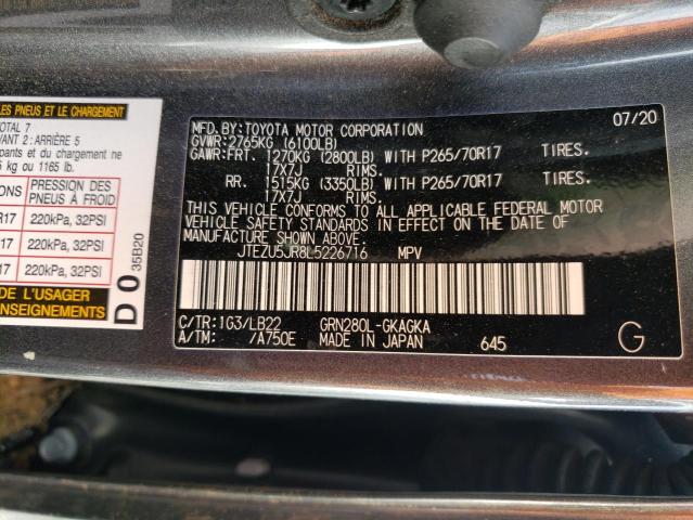 Photo 10 from auction – 2020 TOYOTA 4RUNNER SR with VIN JTEZU5JR8L5226716