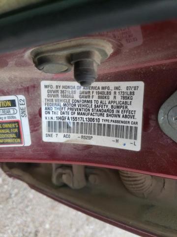 Photo 10 from auction – 2007 HONDA CIVIC LX with VIN 1HGFA15517L130610