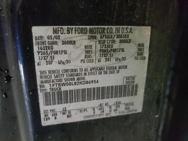 Photo 10 from auction – 2002 FORD F150 SUPER with VIN 1FTRW08L82KD86954