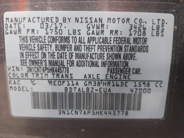 Photo 10 from auction – 2017 NISSAN VERSA S with VIN 3N1CN7AP5HK445778
