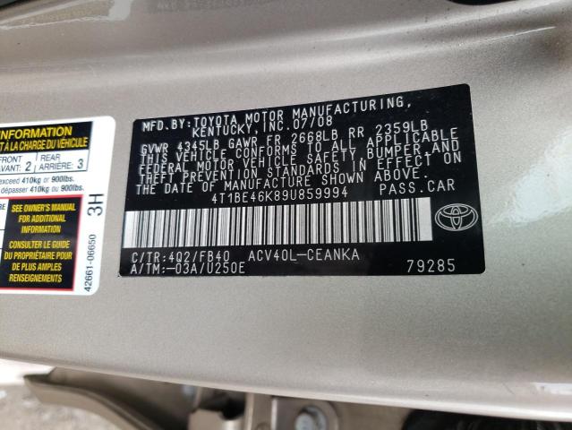 Photo 10 from auction – 2009 TOYOTA CAMRY BASE with VIN 4T1BE46K89U859994