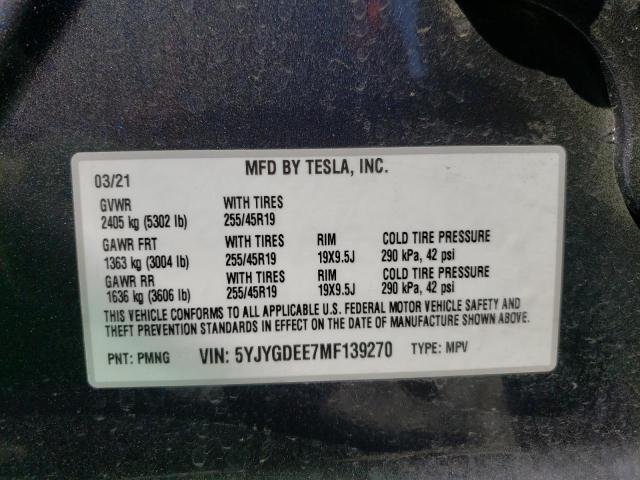 Photo 10 from auction – 2021 TESLA MODEL Y with VIN 5YJYGDEE7MF139270