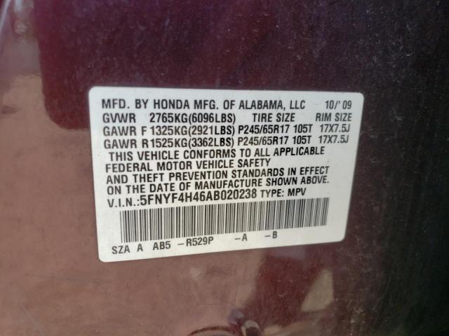 Photo 10 from auction – 2010 HONDA PILOT EX with VIN 5FNYF4H46AB020238