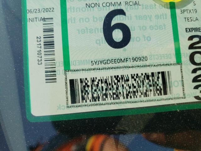 Photo 10 from auction – 2021 TESLA MODEL Y with VIN 5YJYGDEE0MF190920