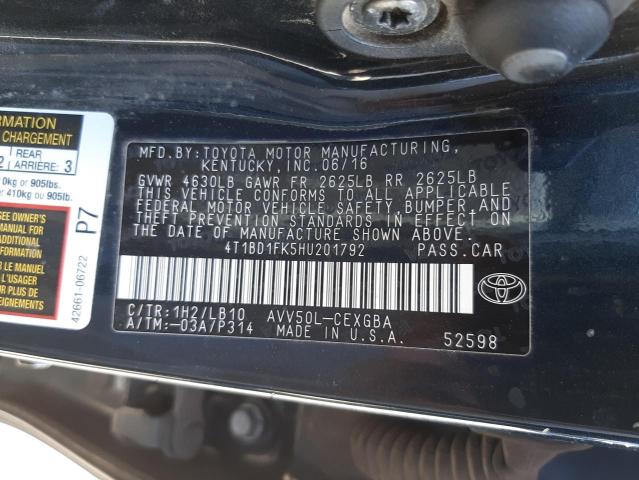 Photo 10 from auction – 2017 TOYOTA CAMRY HYBR with VIN 4T1BD1FK5HU201792