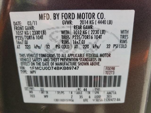 Photo 10 from auction – 2011 FORD ESCAPE XLT with VIN 1FMCU0D74BKB89747