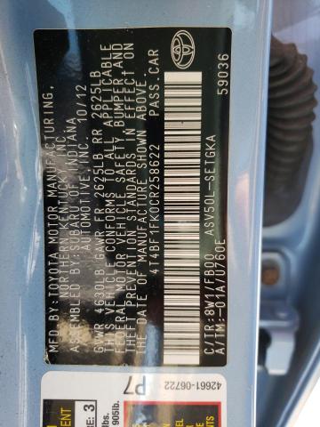 Photo 10 from auction – 2012 TOYOTA CAMRY BASE with VIN 4T4BF1FK0CR258622