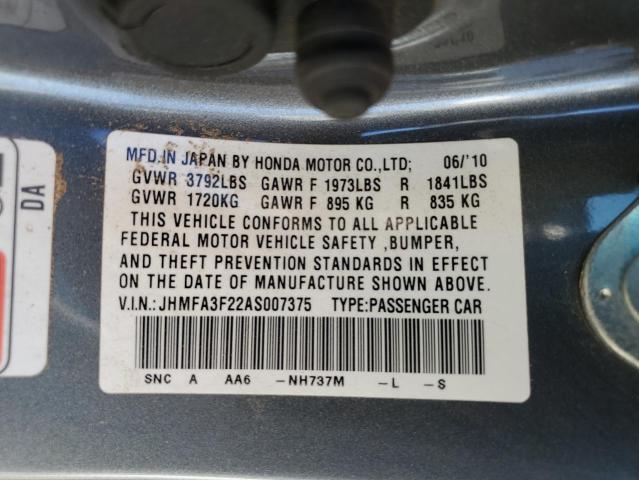 Photo 10 from auction – 2010 HONDA CIVIC HYBR with VIN JHMFA3F22AS007375