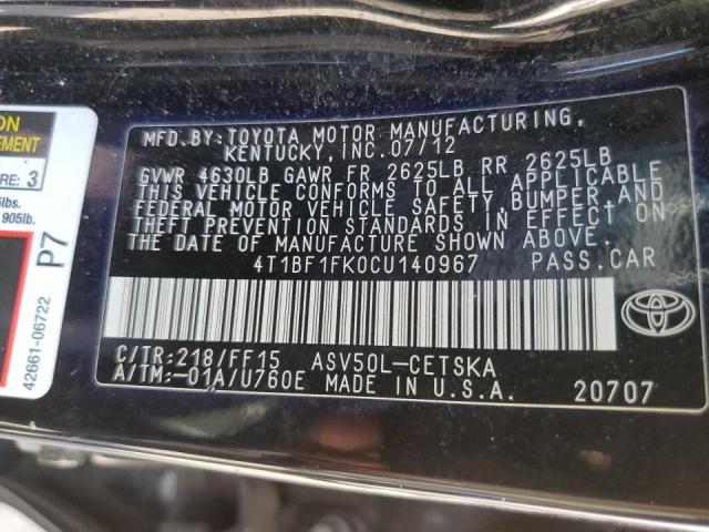 Photo 10 from auction – 2012 TOYOTA CAMRY BASE with VIN 4T1BF1FK0CU140967