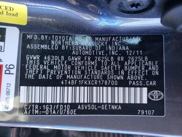Photo 10 from auction – 2012 TOYOTA CAMRY BASE with VIN 4T4BF1FKXCR178700