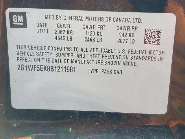 Photo 10 from auction – 2011 CHEVROLET IMPALA LS with VIN 2G1WF5EK8B1211981