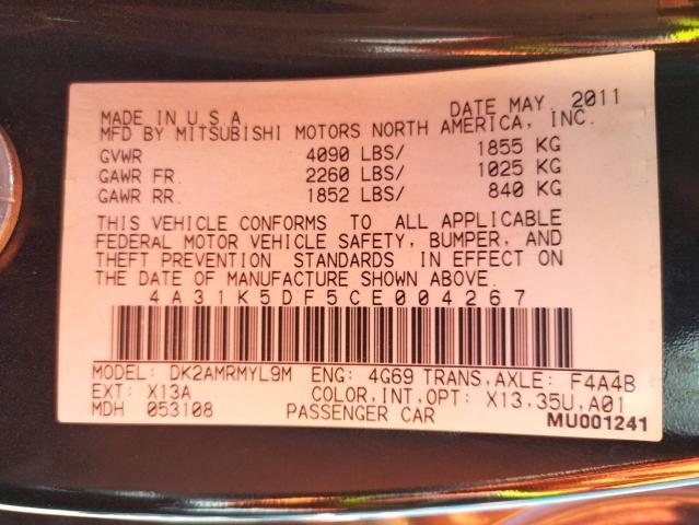 Photo 10 from auction – 2012 MITSUBISHI ECLIPSE GS with VIN 4A31K5DF5CE004267