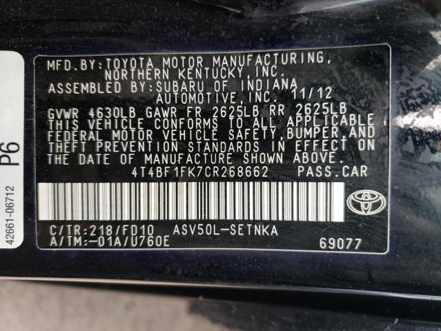 Photo 10 from auction – 2012 TOYOTA CAMRY BASE with VIN 4T4BF1FK7CR268662