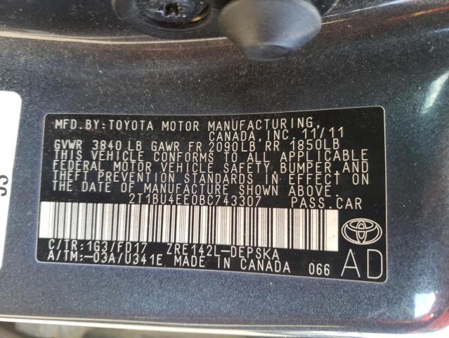 Photo 10 from auction – 2011 TOYOTA COROLLA BA with VIN 2T1BU4EE0BC743307