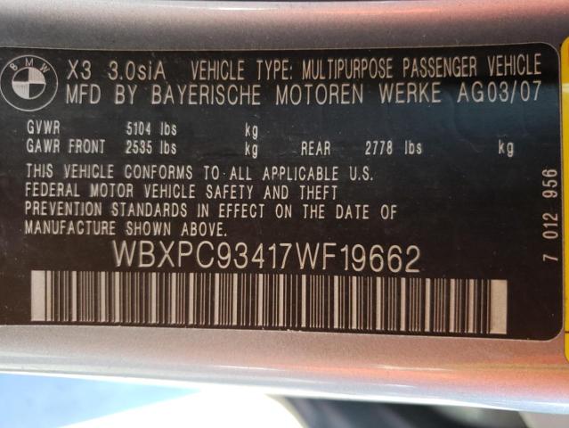 Photo 10 from auction – 2007 BMW X3 3.0SI with VIN WBXPC93417WF19662