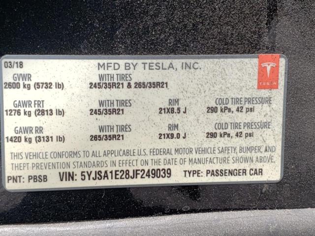 Photo 10 from auction – 2018 TESLA MODEL S with VIN 5YJSA1E28JF249039