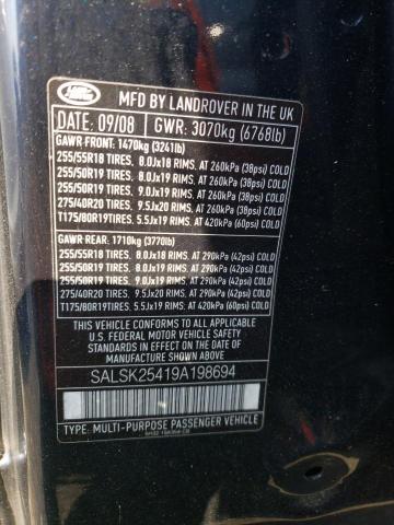 Photo 10 from auction – 2009 LAND ROVER RANGE ROVE with VIN SALSK25419A198694