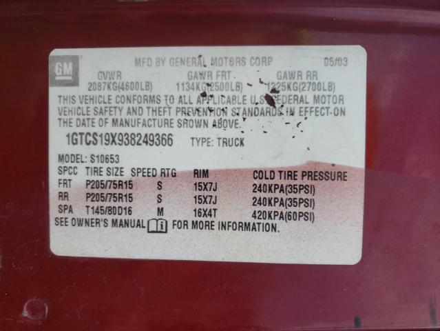Photo 10 from auction – 2003 GMC SONOMA with VIN 1GTCS19X938249366