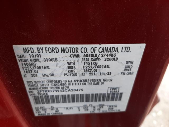 Photo 10 from auction – 2002 FORD F150 with VIN 2FTRX17W42CA20475